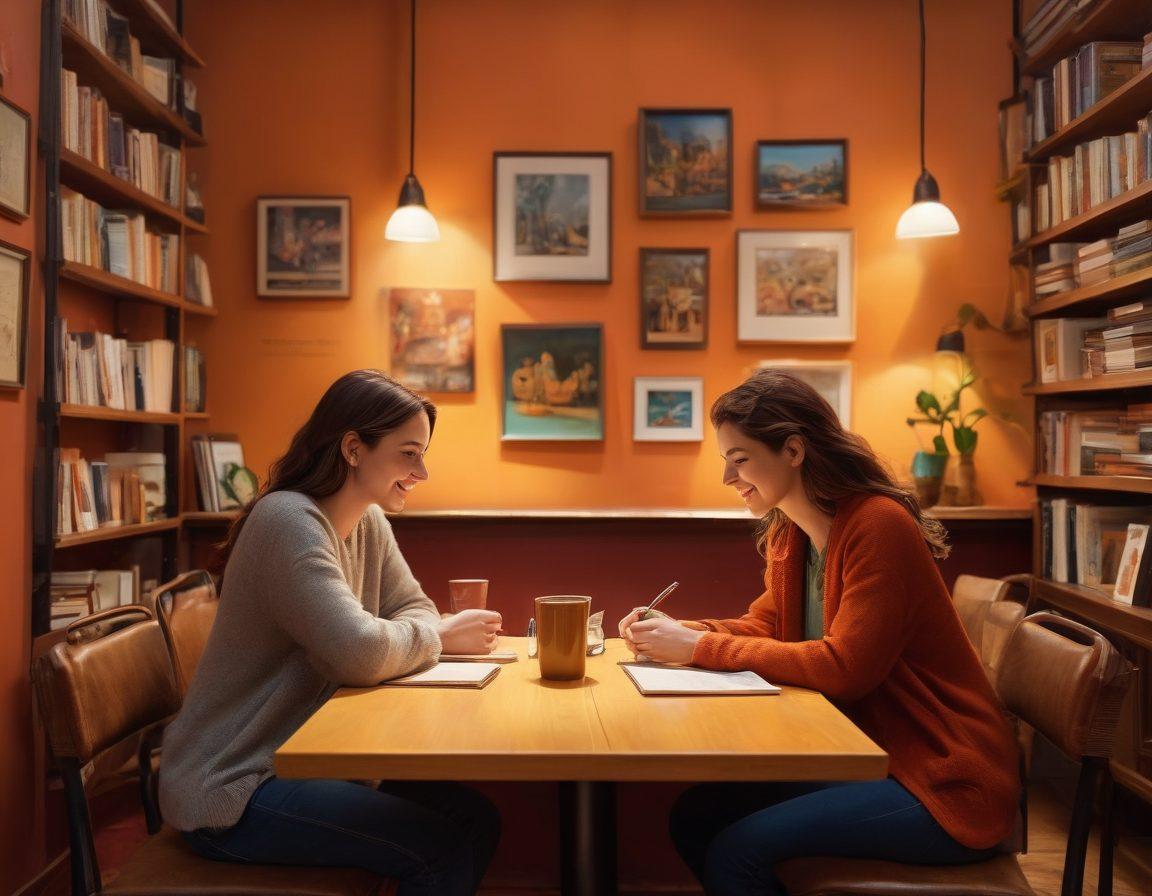 A cozy café scene where two people are engaged in a lively conversation over coffee, surrounded by books and art. Soft lighting highlights their expressions of connection and joy. In the background, framed artwork reflects various interests like music, travel, and hobbies to emphasize shared passions. The atmosphere should feel warm and inviting, symbolizing intimacy and friendship. super-realistic. vibrant colors. warm tones.