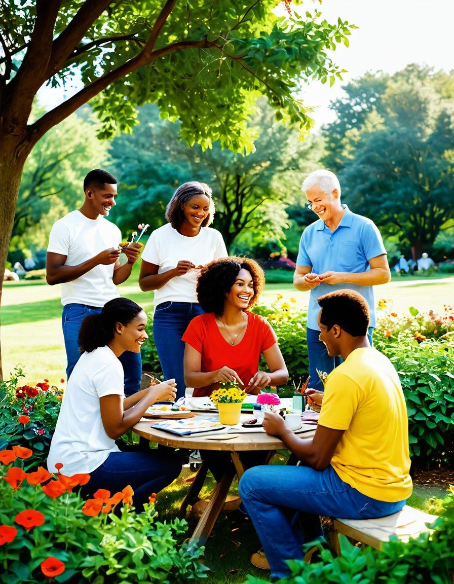A group of diverse individuals engaging joyfully in various hobby activities, such as painting, playing instruments, and gardening, surrounded by vibrant flowers and soft, warm lighting. Their expressions exude warmth and connection, showcasing moments of laughter and companionship. The setting is a beautiful park with trees and soft sunlight filtering through the leaves, enhancing the romantic atmosphere. The image should evoke a sense of togetherness and creativity. super-realistic. warm colors. vibrant greenery.